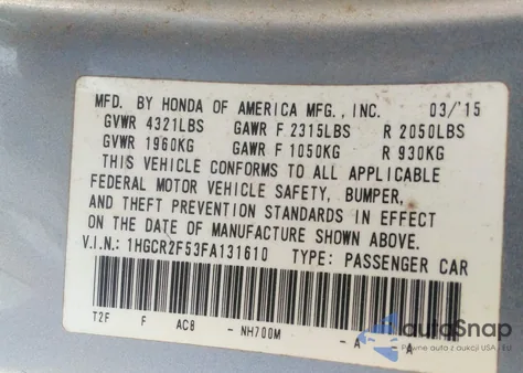 2015 Honda Accord Sport from USA, damaged, VIN 1HGCR2F53FA131610